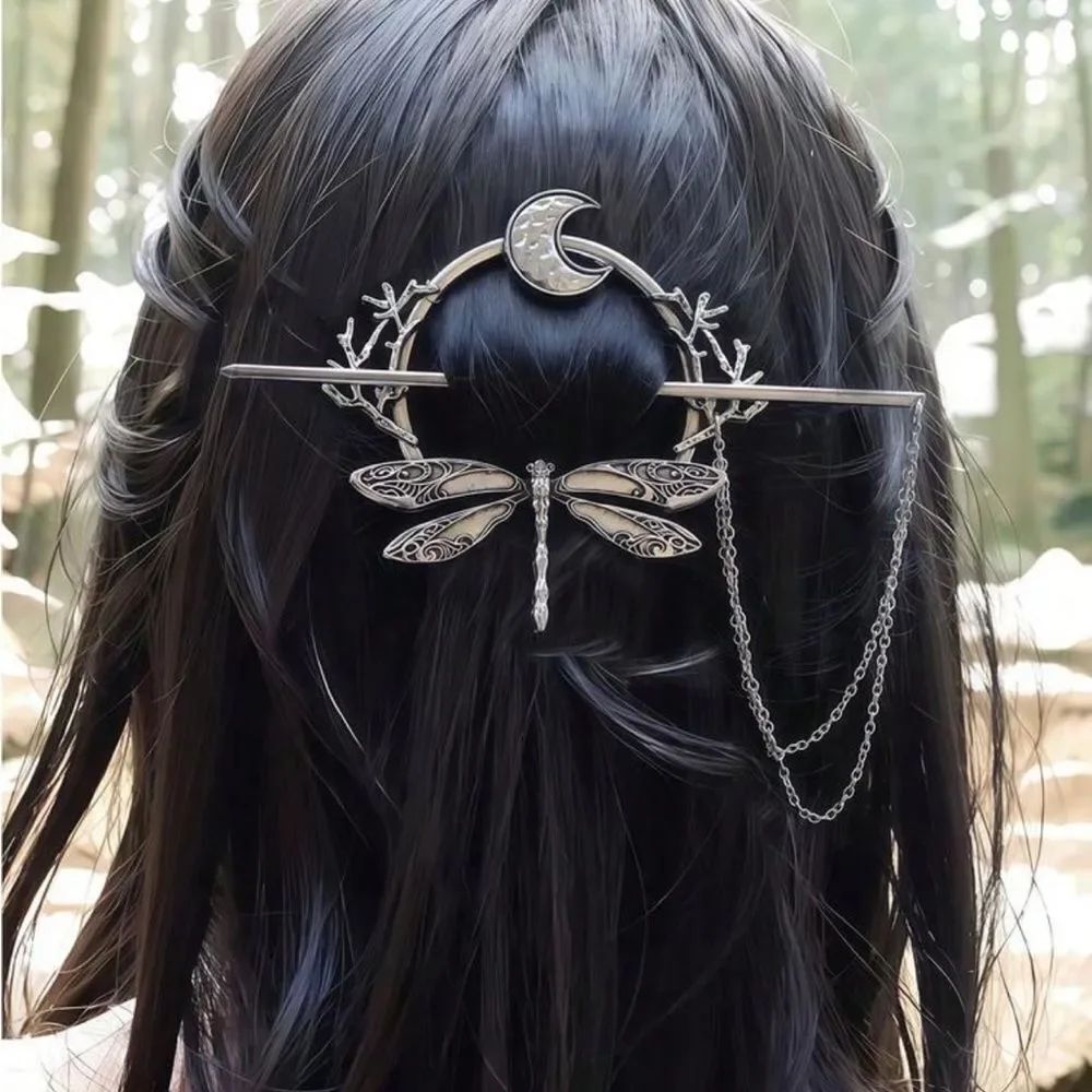 Silver Dragonfly and Moon hair Pin A1614